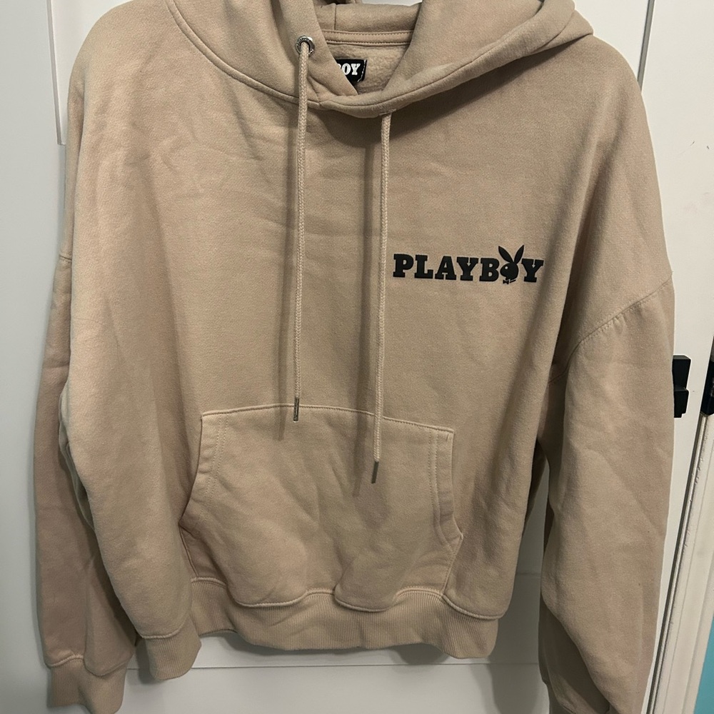 PLAYBOY Men's Tan Crewneck Hoodie with Black Logo